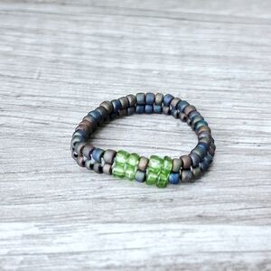 Beaded Stretch Ring with Green Accent - Handmade Women’s Ring